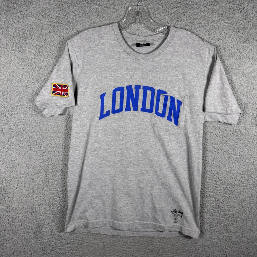 Stussy London World Tour Pocket T-Shirt Gray Blue Men Size M Union Jack Patch